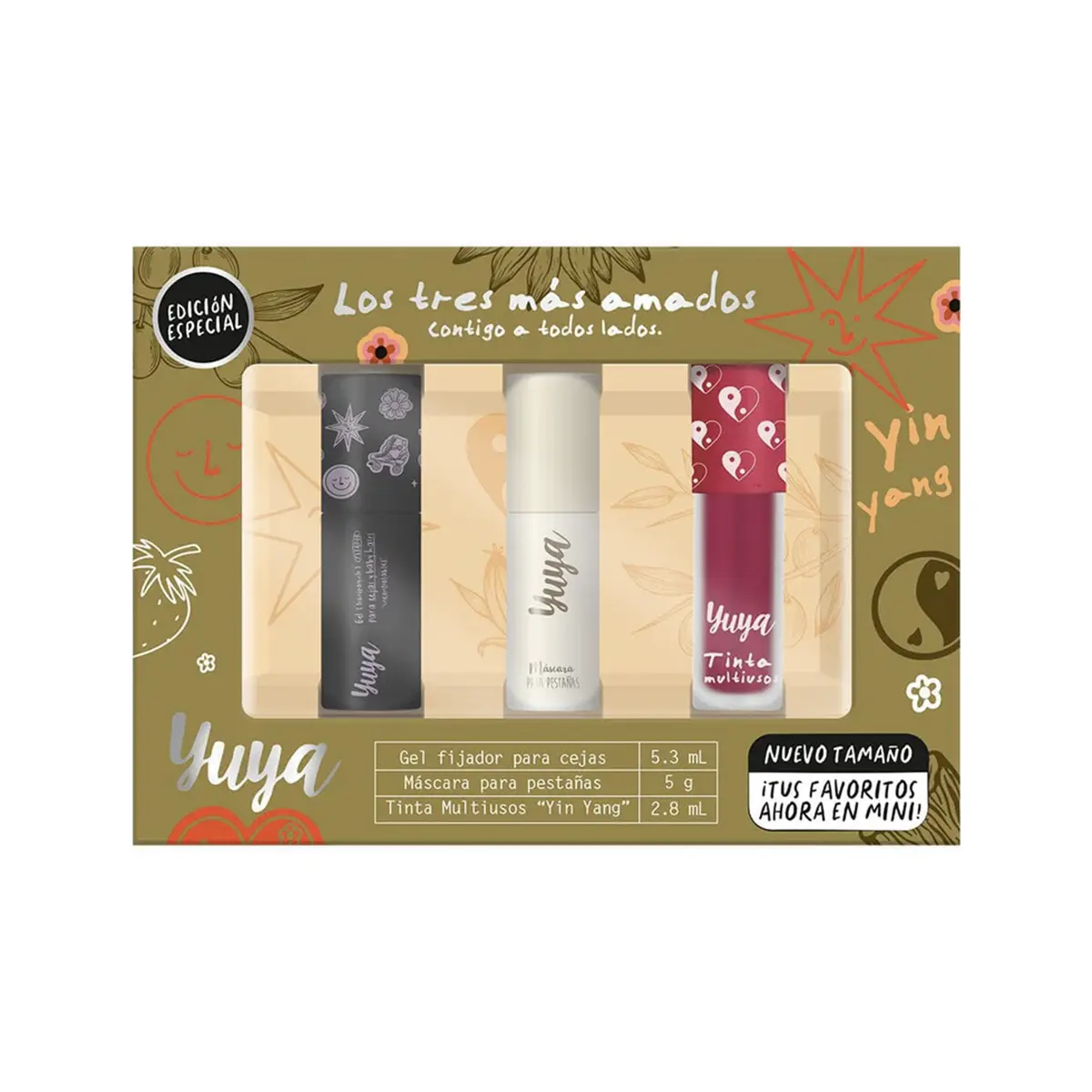 Set Mini Los Tres Más Amados de Yuya con máscara nutritiva, gel multiusos y tinta Yin Yang para un look completo on-the-go