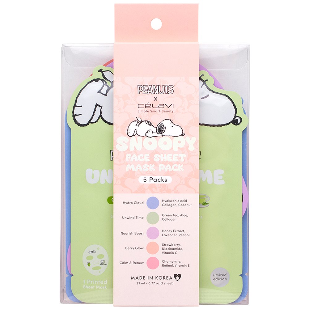 Mascarillas faciales Celavi Snoopy en tela para hidratar y revitalizar la piel