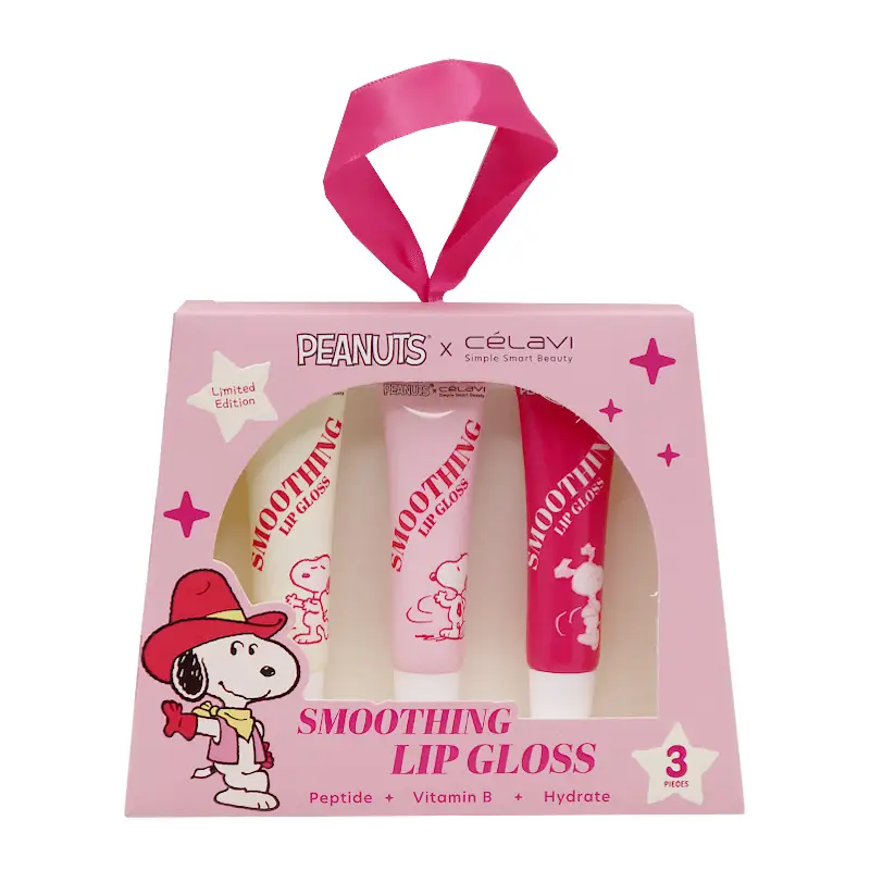 Set de 3 lip gloss Célavi Peanuts Snoopy clear, fresa y durazno con peptidos y vitamina B