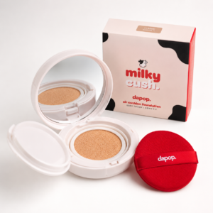 Base de maquillaje Milky Cush de Dapop con acabado Dewy Fit y textura suave en diferentes tonos