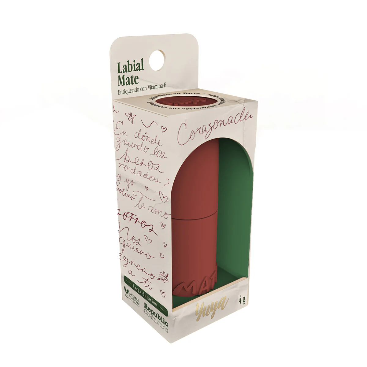 Labial mate en barra Yuya en tonos sutil, posdata, marte y corazonada de textura suave