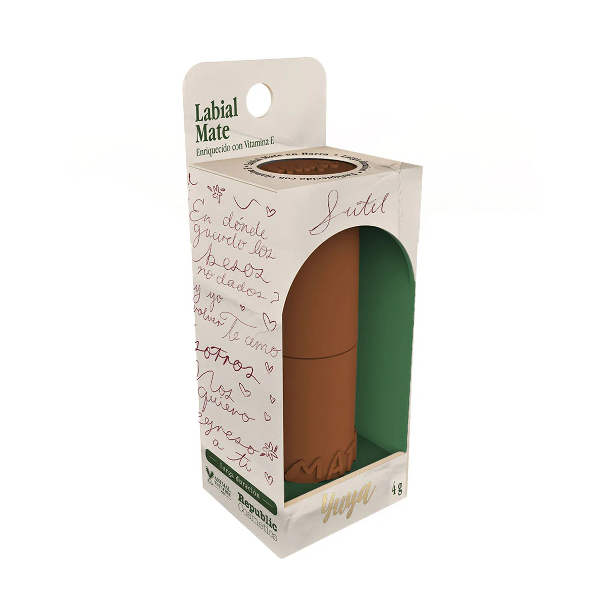 Labial mate en barra Yuya en tonos sutil, posdata, marte y corazonada de textura suave