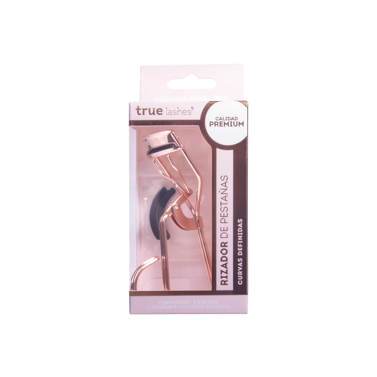 Rizador de pestañas Rose Gold True Lashes con gomas de repuesto para lograr curvas definidas