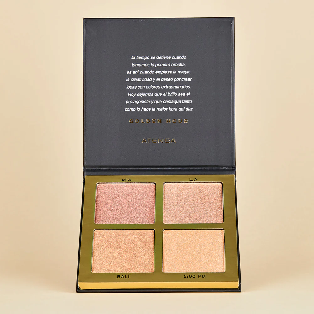 Paleta de Iluminadores Golden Hour Atenea con cuatro tonos radiantes de alta pigmentación