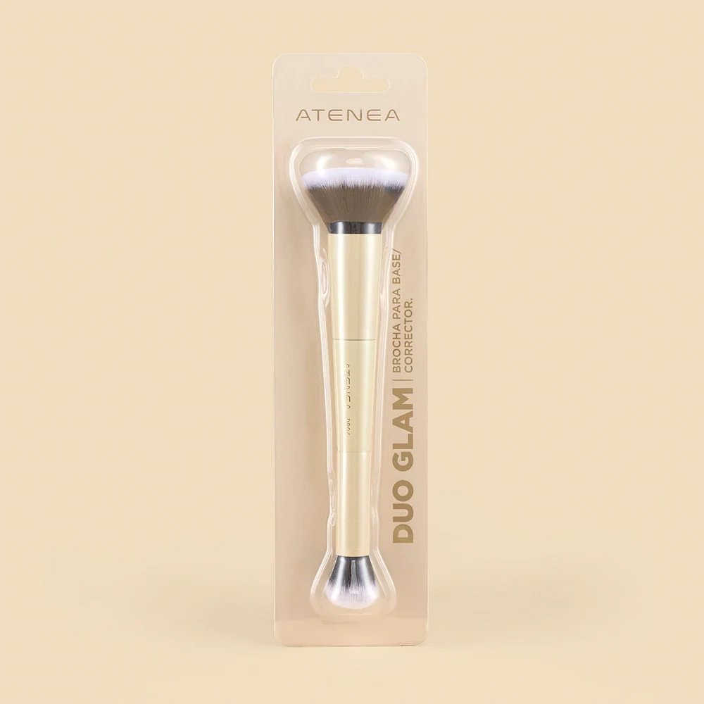 Brocha Dúo Kabuki y Corrector Atenea con doble cabezal para base, corrector y difuminado profesional