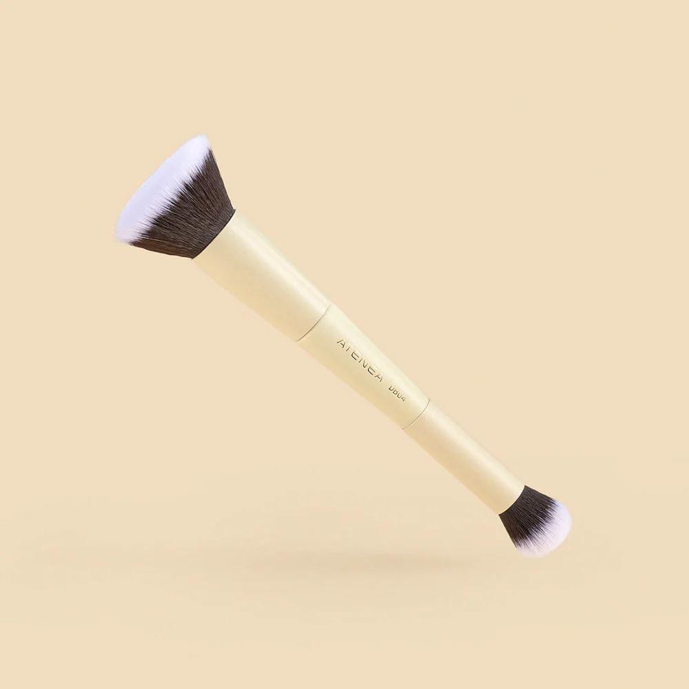 Brocha Dúo Kabuki y Corrector Atenea con doble cabezal para base, corrector y difuminado profesional