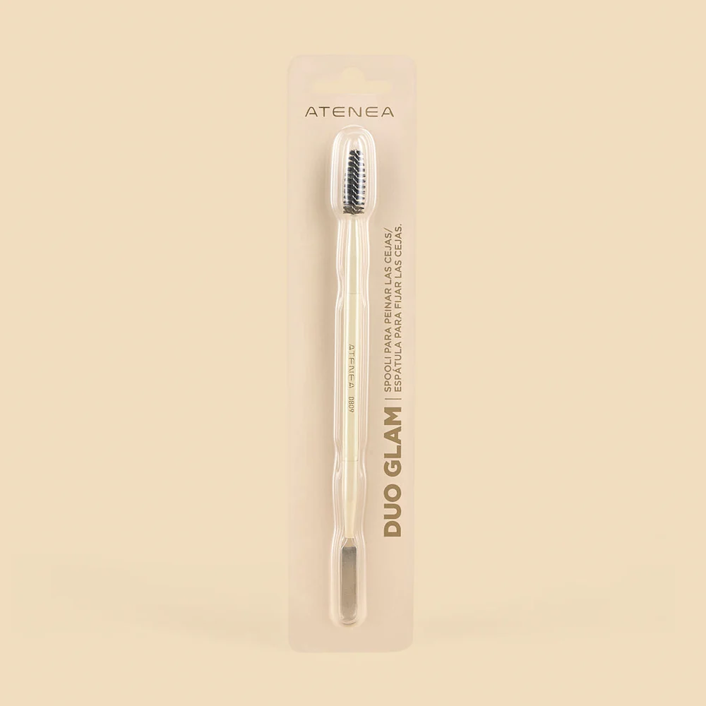 Brocha Dúo para Cejas y Espátula Atenea con spoolie profesional para peinar, definir y laminar cejas