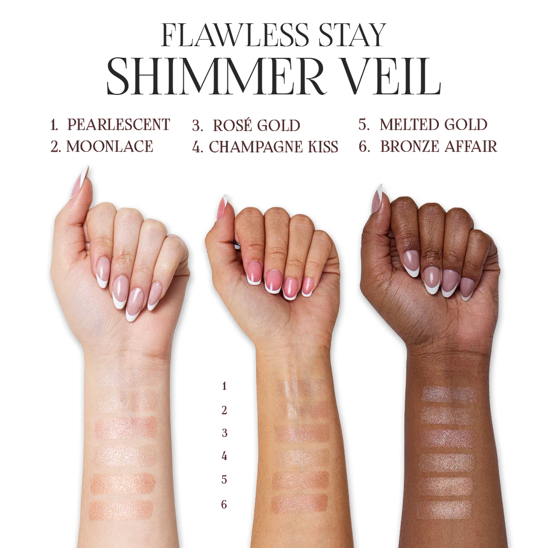 Flawless Stay Shimmer Veil Beauty Creations iluminador crema a polvo con acabado luminoso y reflectante