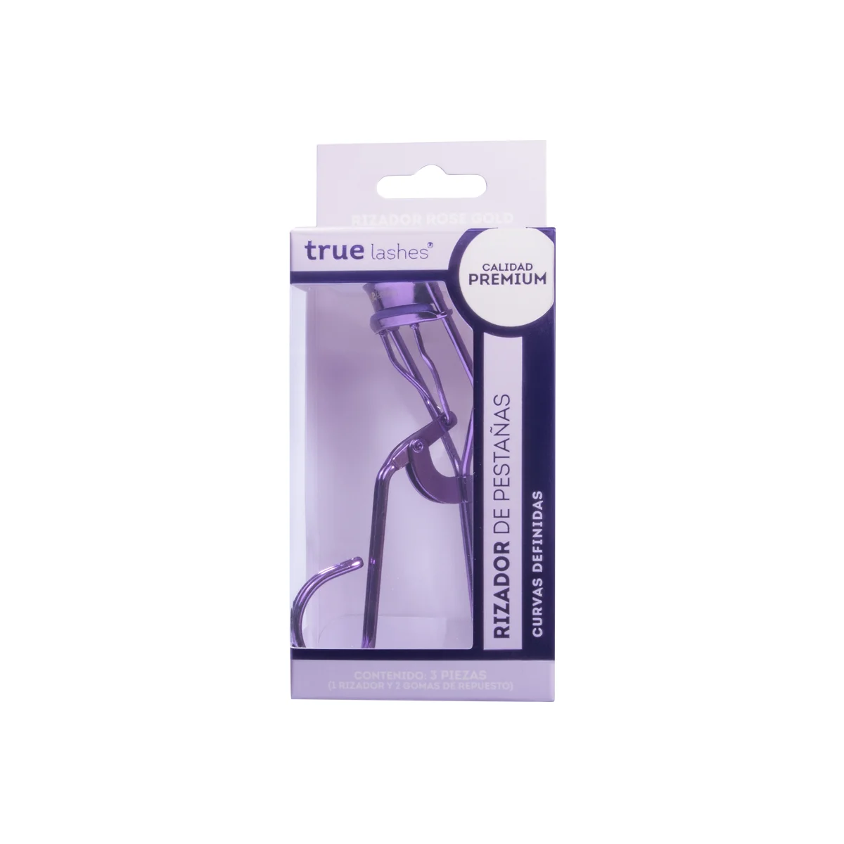 Rizador de pestañas morado True Lashes con gomas de repuesto para lograr curvas definidas