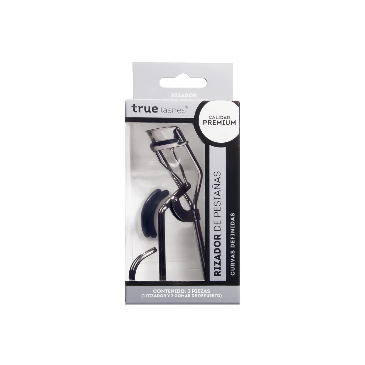 Rizador de pestañas negro True Lashes con gomas de repuesto para lograr curvas definidas