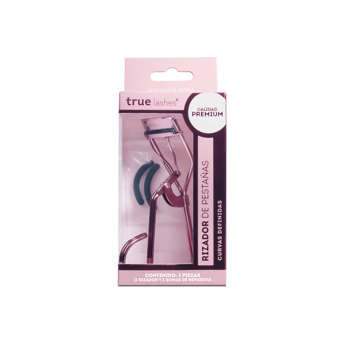Rizador de pestañas rosa True Lashes con gomas de repuesto para lograr curvas definidas
