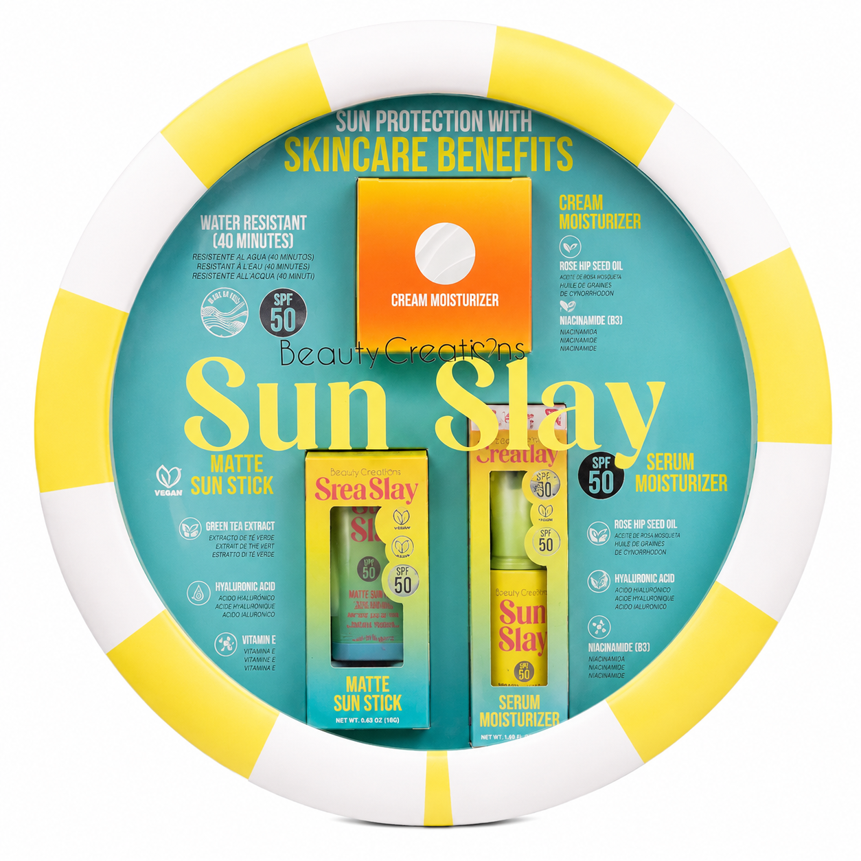 Beauty Creations Sun Slay PR Display exhibidor promocional de la línea Sun Slay SPF 50