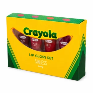 Sinless Beauty Lip Gloss Set Crayola con 4 brillos labiales de acabado brillante. Aporta color, luminosidad y un efecto de labios más voluminosos con una fórmula ligera y cómoda.