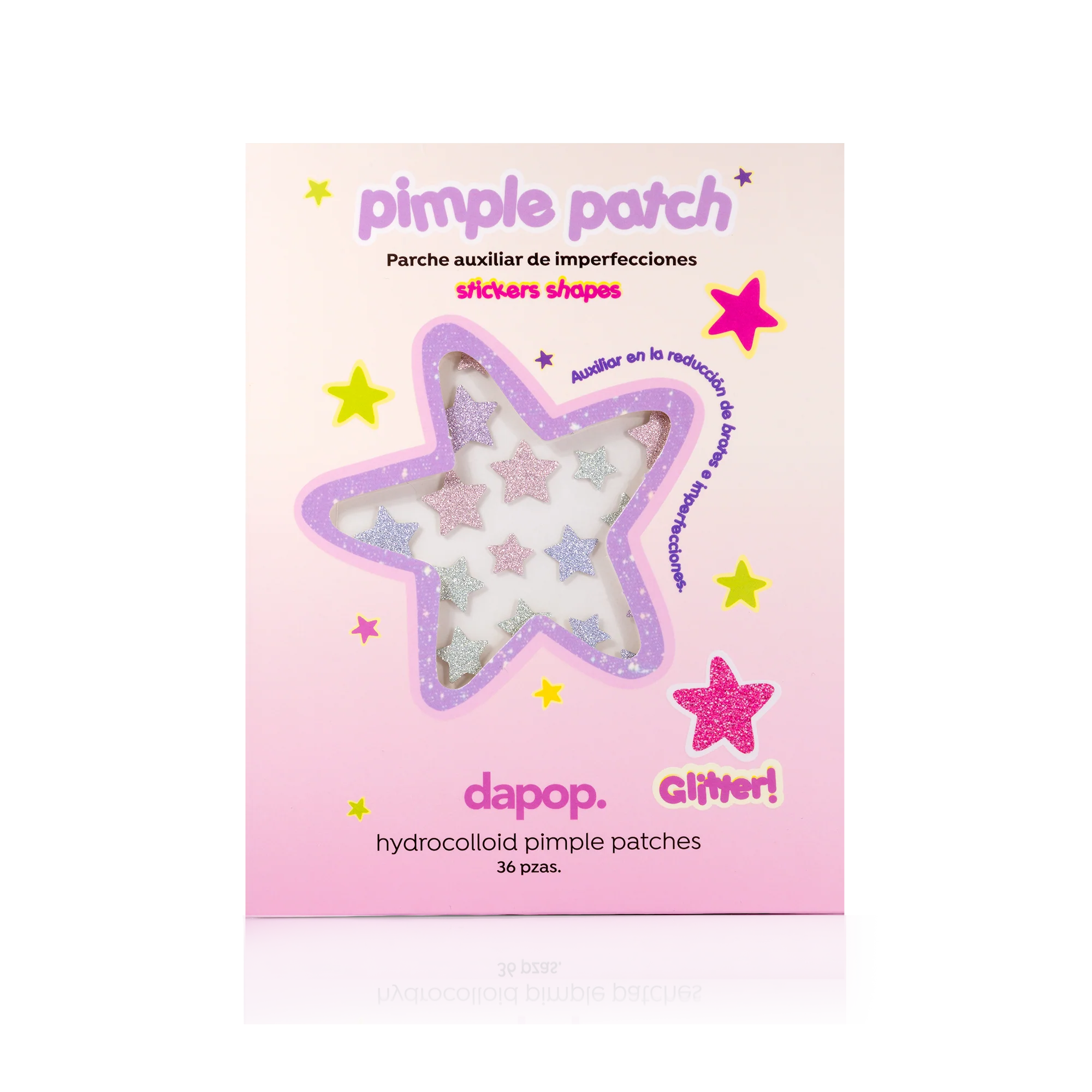 DAPOP Pimple Patch Glitter con 36 parches para acné en tonos rosa, verde y azul