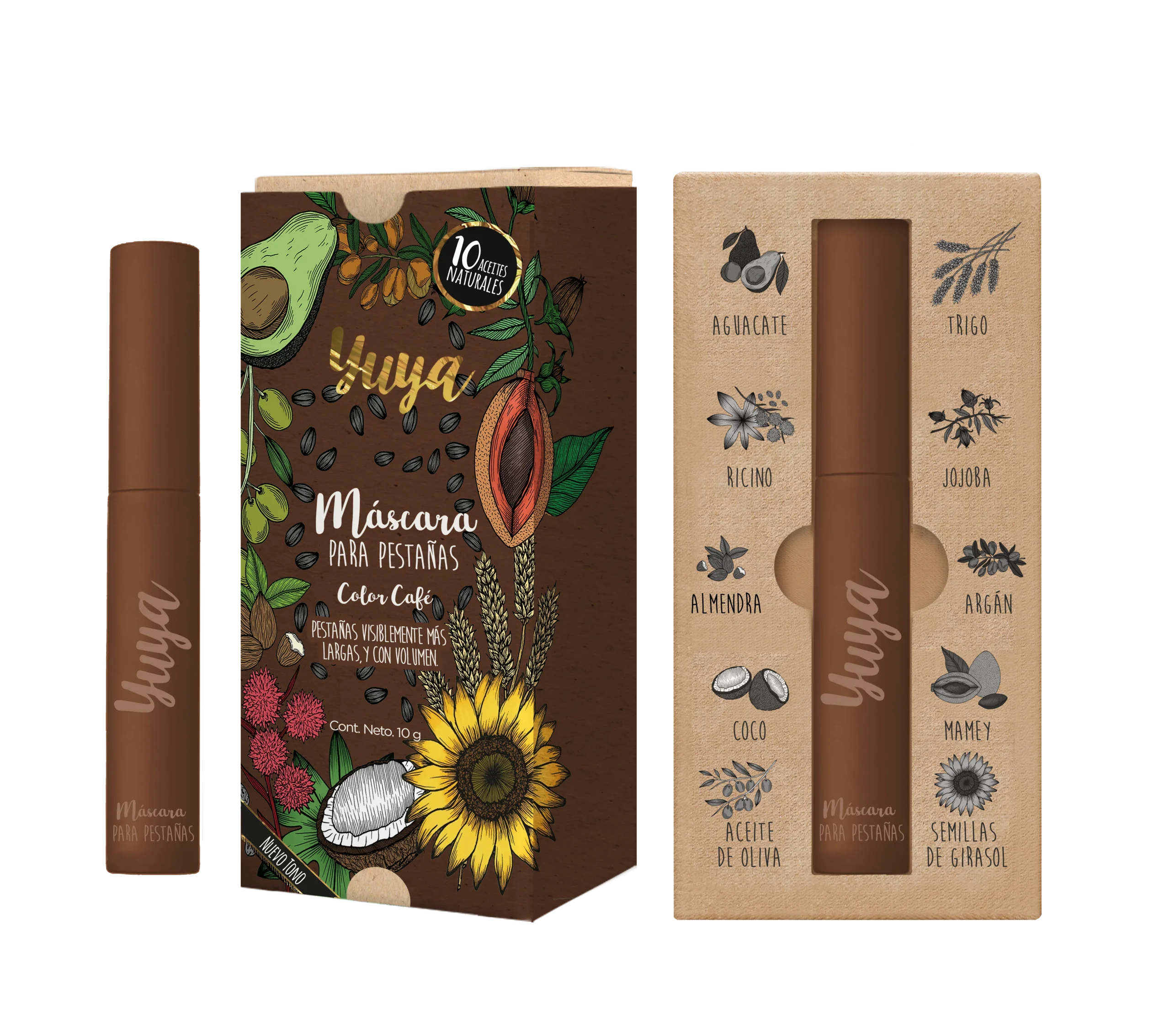 YUYA Máscara para Pestañas 10 Aceites Naturales disponible en negro, café y borgoña