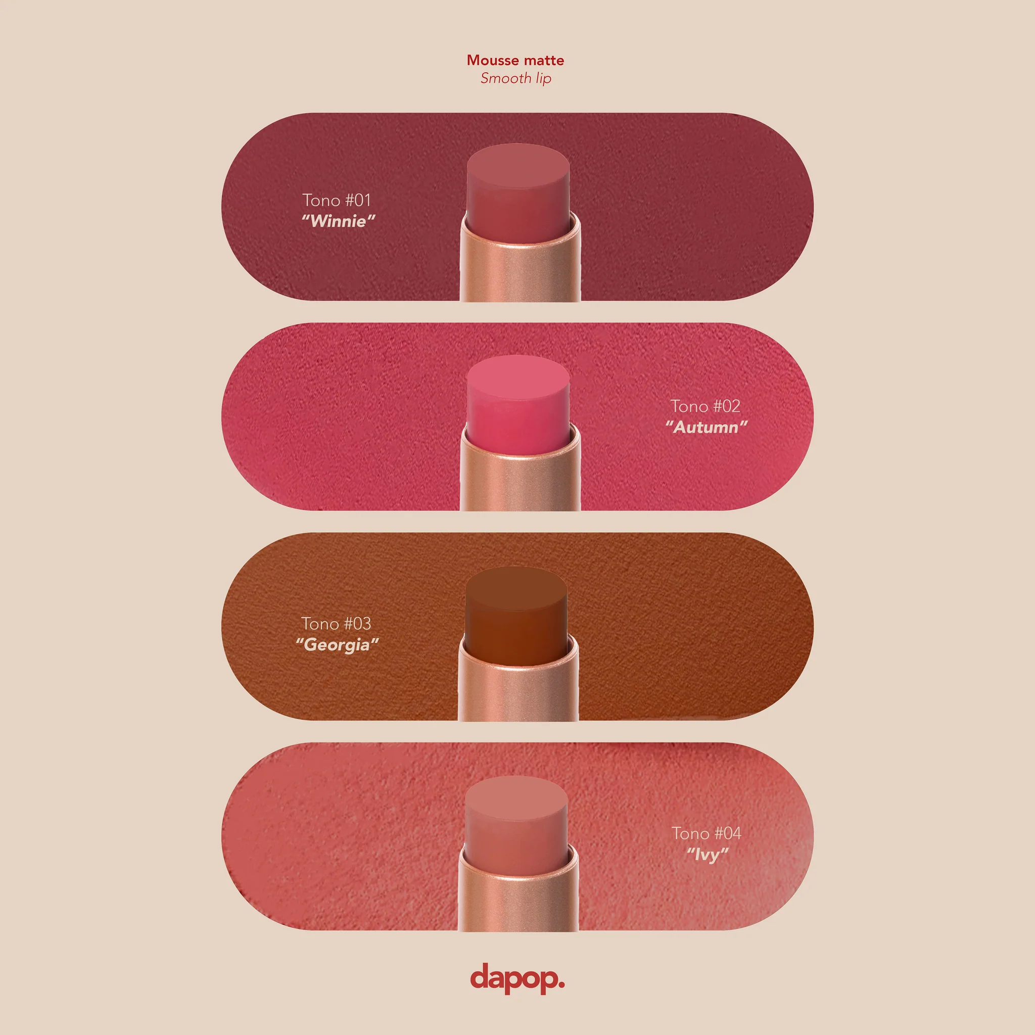 DAPOP Labial en Barra Mousse Matte de textura cremosa y acabado matte