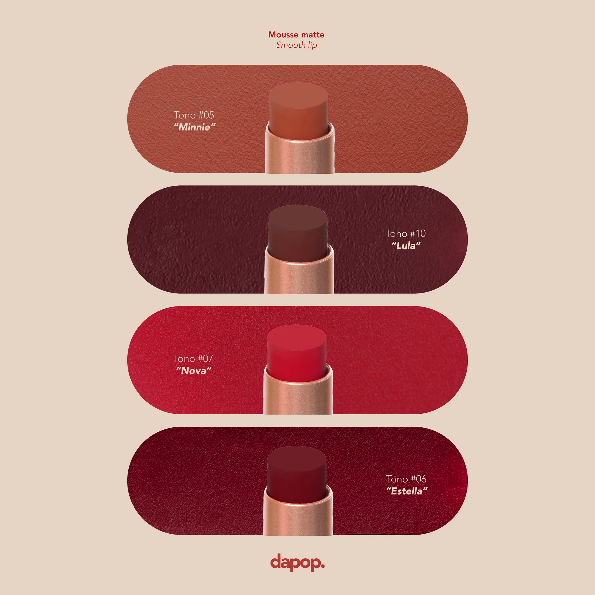 DAPOP Labial en Barra Mousse Matte de textura cremosa y acabado matte