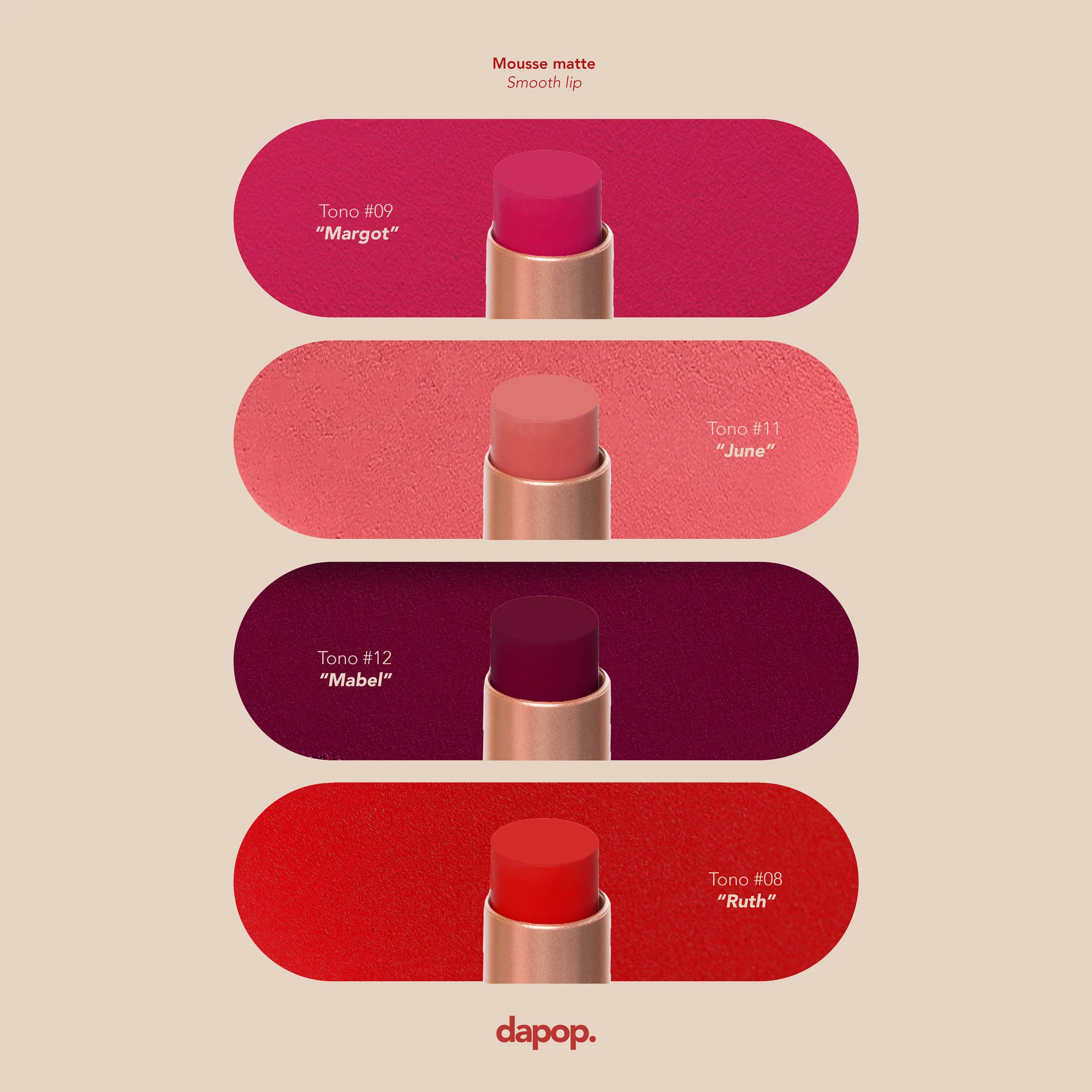 DAPOP Labial en Barra Mousse Matte de textura cremosa y acabado matte