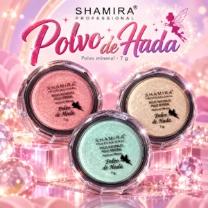 Polvo de Hada Shamira Professional de 7 gramos en tonos rosa, dorado y menta.