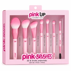 Pink Up Pink Brushes Set de 7 brochas y pinceles profesionales con mangos rosas y cerdas suaves.