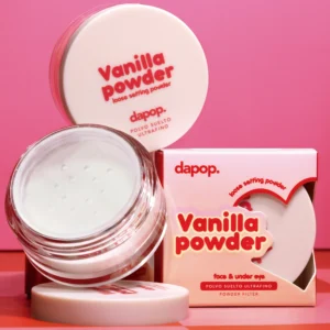 DAPOP Vanilla Powder polvo traslúcido suelto para sellar el maquillaje con acabado natural.