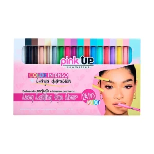 Pink Up PR Box Long Lasting Eye Liner con 18 delineadores de ojos en tonos neutros, intensos y pastel.